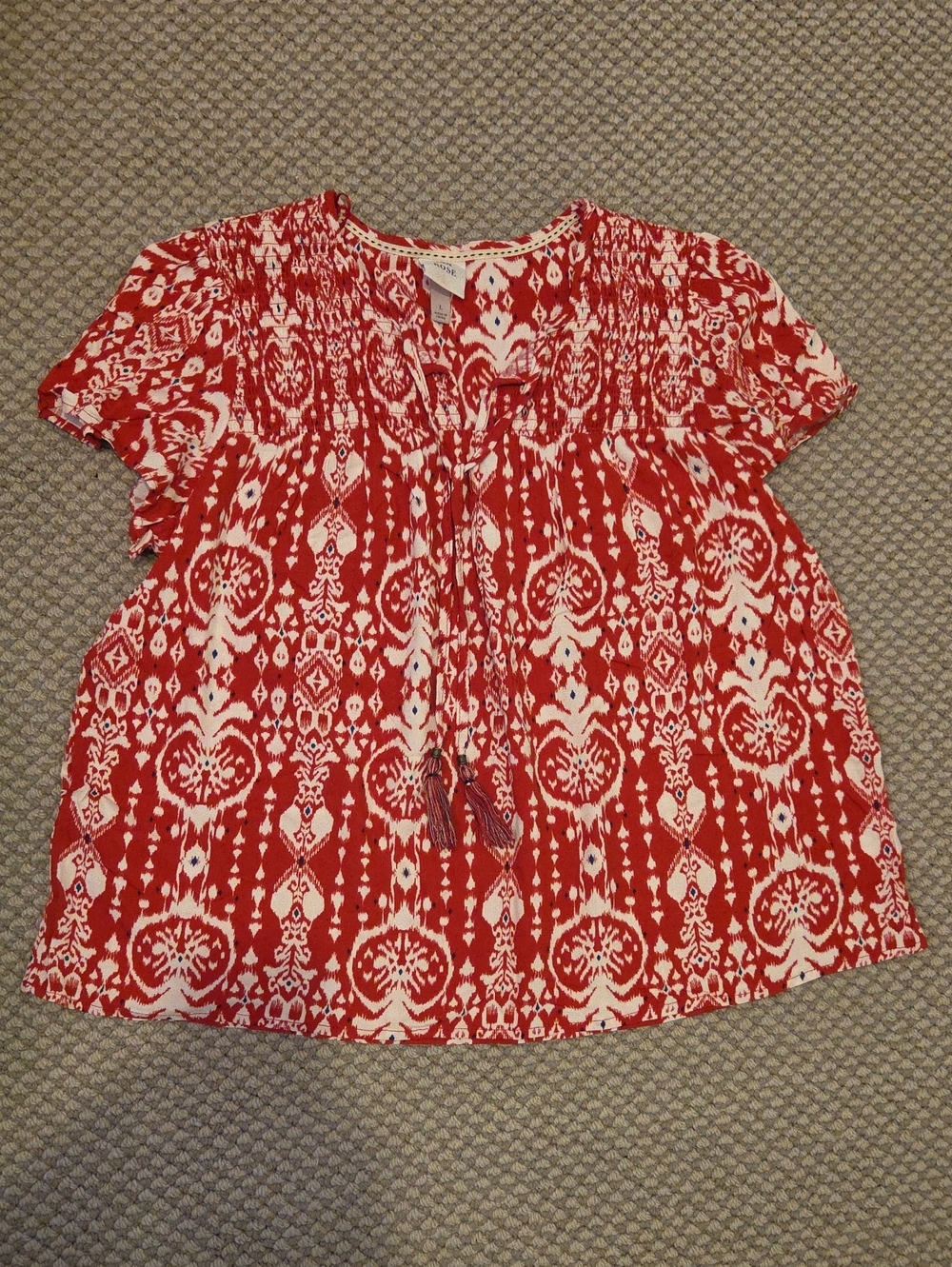Knox Rose Red and White Smocked Ikat Women's Top Sz L